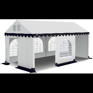 Partytent PVC 3x6 wit-blauw Grizzly Outdoor, doorloophoogte 2.20 m, kunststof zeilringen, incl. condenssluis