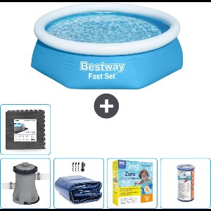 Bestway Rond Opblaasbaar Fast Set Zwembad - 244 x 61 cm - Blauw - Inclusief Pomp Solarzeil - Onderhoudspakket - Filter - Vloertegels