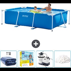 Intex Rechthoekig Frame Zwembad - 260 x 160 x 65 cm - Blauw - Inclusief Solarzeil - Onderhoudspakket - Zwembadfilterpomp - Filterbollen