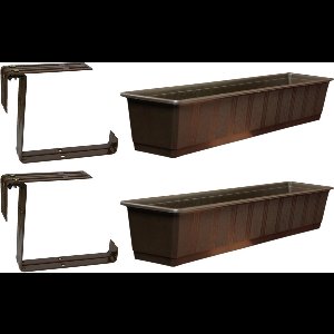 Set van 4 kunststof plantenbakken bruin rechthoekig 80 cm met 8 verstelbare railing beugels