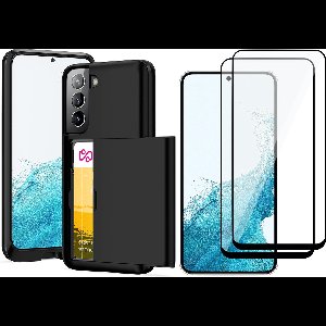 Hoesje met Pasjeshouder geschikt voor Samsung Galaxy S22 Plus - 2x Screen Protector FullGuard - Back Cover SlideCase Zwart & Screenprotector