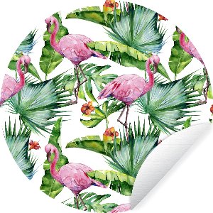 WallCircle - Muurstickers - Behangcirkel - Bladeren - Flamingo - Bloemen - Jungle - ⌀ 120 cm - Muurcirkel - Zelfklevend - Ronde Behangsticker XXL