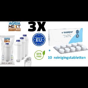 Agua Next CaffeeMax waterfilter vervanging voor Delonghi koffiemachine, 3 st. + extra Tabletten voor het reinigen en ontvetten van de koffiemachine - 10 x 2g - universele reinigingstabletten