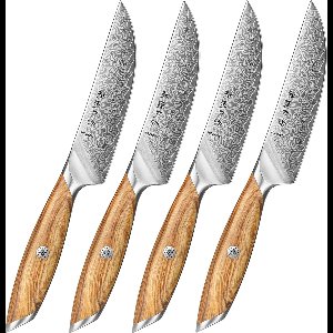 Hezhen X01 Flagship Series – Professionele Steakmessenset - Damascus staal (73 laags met poederstalen kern van 14Cr14MoVNb) - Olijfhout - Vlijmscherpe damastmessen - Inclusief mooie geschenkdoos