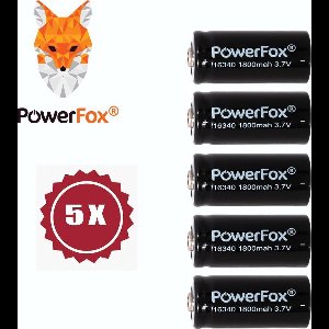 PowerFox® 5x 16340 Lithium batterij 3,7V 1800mAh oplaadbare batterijen zwart