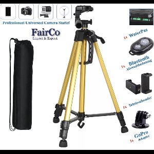 Professionele Universeel Camerastatief Goud Model 3366 Voor Fotocamera en Smartphone Incl. Waterpas, Handgreep, Handel, Opbergtas, Bluetooth afstandsbediening en GoPro Adapter - Tripod - Smartphone Statief - Fairco