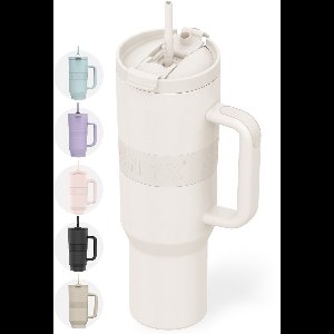 ONYX Drinkfles met Rietje 1.2 Liter - Waterfles voor Kinderen & Volwassenen - Thermosbeker RVS Travel Mug - Motiverende Drinkbus - Drinkbeker voor School - Coco White