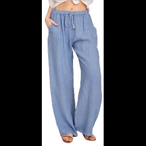 Damesbroek van katoen en linnen, zomerse wijde pijpen, casual losse broek met trekkoord en hoge taille, palazzobroek met zakken,Lichtblauw,3XL