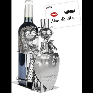 Wijnfleshouder Just Married Bruidspaar - metalen decoratie - zilver