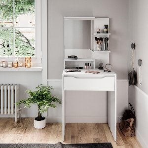 Luxe Make-up Kaptafel “Ruben Deluxe” – Moderne Schminktafel met Grote Spiegel, 2 Open Planken & Lade – Wit – 60×48×143 cm – Compact Beauty Meubel voor Slaapkamer – Melamine Hars Coating – Medahome