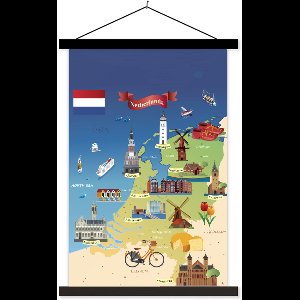 Posterhanger incl. Poster 40x60 cm - Schoolplaat - Nederland - Kinderen - Kaart - Textielposter - Zwarte latten