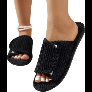 Dames Pantoffels Maat 38-39 – Comfortabele Lichtgewicht Slippers met Platte Hak, Zachte Corduroy Open Teen, Antislip Slaapkamer- en Indoor Schoenen - ZWART