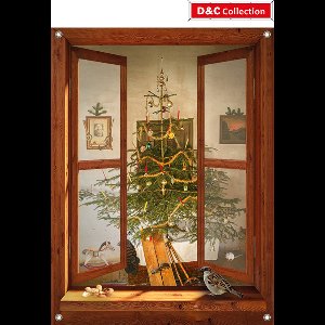 D&C Collection - tuinposter - 95x130 cm - bruin venster vintage kerst interieur ski met muis -