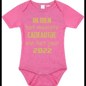 Baby rompertje met leuke tekst | Ik ben het mooiste cadeautje van het jaar 2022 |zwangerschap aankondiging | cadeau papa mama opa oma oom tante | kraamcadeau | maat 56 roze goud