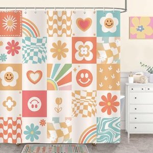 Selbro®, Douchegordijn, retro, grappige bloemen, abstract, geruit, roze, 180 x 180 cm, schimmelwerend, waterdicht, polyester, wasbaar, badkamergordijn voor badkamer, met 12 haken