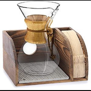 Vintage houten koffieorganizer voor Chemex koffiezetapparaten - Met siliconen druppelaar mat