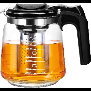 Theepot van glas met zeef, hittebestendig, uitneembare roestvrijstalen zeef, glazen theepot met theezeef en waterniveau-indicator, ideaal voor het zetten van thee met losse theeblaadjes, 1500 ml