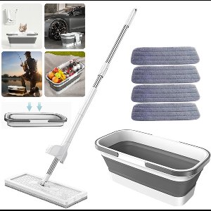 Fuegobird - Opvouwbare dweil- en emmerset - Opvouwbare multifunctionele emmer - Met wringerkit - Handsfree - Wordt geleverd met 4 wasbare microvezelmoppen - Nat en droog- Opvouwbare emmer - DWEIL