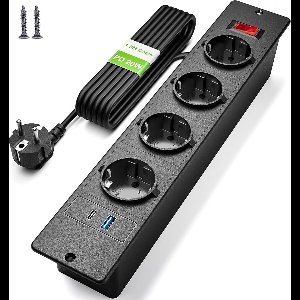 StayPowered Inbouw Stekkerdoos - Stijlvolle en Ruimtebesparende Oplossing - 4 Stopcontacten - 1 USB en 1 USB-C Poort - Eenvoudige Installatie - Overbelastingsbeveiliging - 1,8 m Kabel - Zwart - Levering Sneller dan Aangegeven!