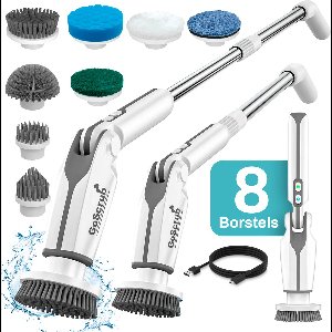 GoScrub® Elektrische Schoonmaakborstel – Cleaning Hero V1 – Wit - Schrobber Met Steel – Poetsmachine – Schrobborstel – Voor Badkamer en Keuken – 8 Opzetstukken