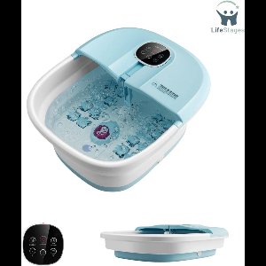 LifeStages - Voetbad - Opvouwbaar Voetbad Massage met Warmte - Voet Spa met Afstandsbediening - Trillingen Bubbels - Rollende Massage - Medicijn Doos - Puimsteen en 3 Verstelbare Temperatuur (Hemelsblauw)