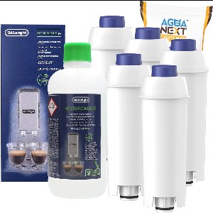 AguaNext, 5x waterfilter voor koffiezetapparaten, filterpatroon compatibel met Delonghi SER3017 DLS C002 + 1x ontkalker, DeLonghi EcoDacalk, original, 500ml, set voor espressomachine