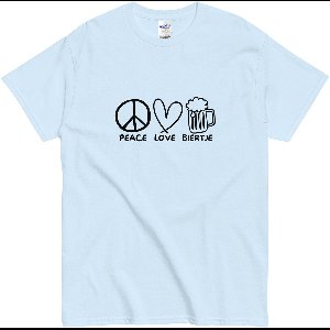 T Shirt Dames Heren - Print en Tekst Vrede Liefde Biertje - Leuk Cadeau Idee - Blauw - L