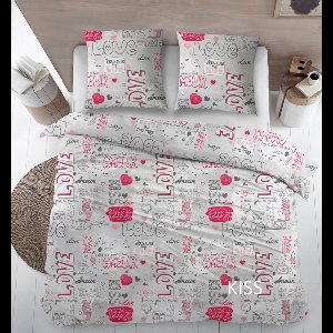 Dekbedovertrek - Lekker Snoozen - Kiss/Love - Flanel - Lits-jumeaux (240 x 200/220 cm)