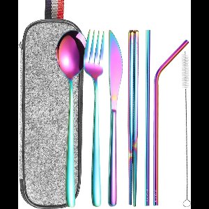 House of Husk Reisbestek - Reis Bestekset - Chopsticks - Metalen Rietjes met borstel - Lepel - Vaatwasserbestendig - RVS - 7 Delig - Rainbow