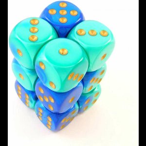 Chessex Gemini Blauw-Taling/goud D6 16mm Dobbelsteen Set (12 stuks)
