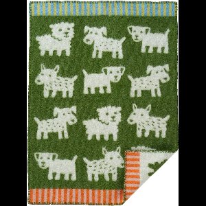Klippan - wollen Wiegdeken - Voff groen - ecru - hondjes - tweezijdig 65x90 cm- 100% lamswol