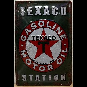Texaco motor oil Gasoline Reclamebord van metaal 30 x 20 cm GEBOLD BORD MET RELIEF METALEN-WANDBORD - MUURPLAAT - VINTAGE - RETRO - HORECA- WANDDECORATIE -TEKSTBORD - DECORATIEBORD - RECLAMEPLAAT - WANDPLAAT - NOSTALGIE -CAFE- BAR -MANCAVE- KROEG