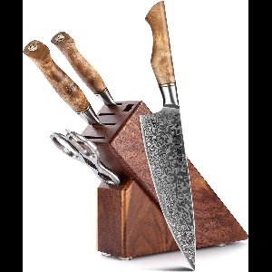 Luxe en Professionele 5-delige Keukenmessen-set van Damascus Staal (67 lagen, VG10) | HEZHEN B30 Series | Vlijmscherpe Damascus Stalen Lemmeten | Handvat van Plataanhout met Klinknagel Mozaïek | Koksmes + Santokumes + Groentemes + Blok + Keukenschaar