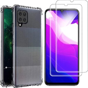 Shockproof Hoesje Geschikt voor: Samsung Galaxy A42 5G - Anti-shock TPU Siliconen Case & 2X Tempered Glas Combi - Transparant