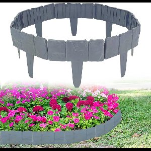 Tuinhek, kunststof, grijs, tuinrand in steenlook, gazonrand maairand, palissade, tuin, bloembed, plant, grens tuinhek voor het scheiden van gazon van tuin en bloemperken (20 stuks)