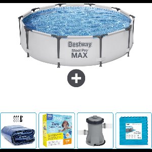 Bestway Rond Steel Pro MAX Zwembad - 305 x 76 cm - Grijs - Inclusief Solarzeil - Onderhoudspakket - Pomp - Vloertegels