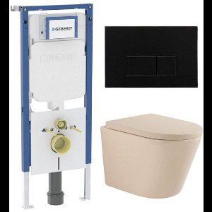 QeramiQ Dely Toiletset - 36.3x51.7cm - diepspoel - rimless - Geberit UP720 inbouwreservoir - softclose toilet zitting 35 mm - metaal mat zwart bedieningsplaat - rechthoekige knoppen - mat beige