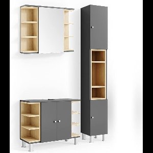 Luxe Badkamermeubelset Aquis – Antraciet / Sonoma Eiken – 3-delige Badmeubelset met Spiegelkast, Wastafelonderkast & Kolomkast – Moderne Opbergkastenset – Duurzaam & Krasbestendig – Soft-Close Deuren