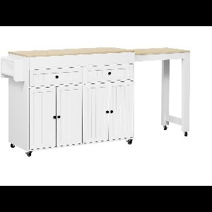 Merax Keukeneiland op Wielen - Uittrekbaar Werkblad met Laden - Mobiel en Vrijstaand - Wit/Naturel - 112-180,5x45x92,2 cm