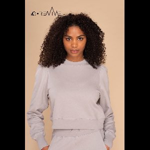 Sweater &C x REVIVE, met pofmouw, bio-katoen, EU gemaakt, kleur grijs, maat XS - incl. borduring op mouw "ALL GOOD"