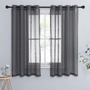 Goodivery ® Slaapkamergordijnen linnenlook, gordijn, grijs, transparant, raamgordijnen voor woonkamer, overgordijnen met ringen, set van 2, H 160 x B 140 cm, donkergrijs