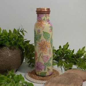 Puur koperen waterfles bloemenprint groen/rose/wit ± 950 ml (zware uitvoering)
