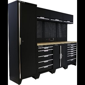Kraftmeister werkplaatsinrichting - Werkbank met 3 wandkasten, 1 werkplaatskast, 1 opbergkast en multiplex werkblad - Werktafel met 12 laden en gereedschapswand - Complete set voor werkplaats of garage - Zwart