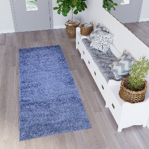 Tapiso Delhi Tapijtloper Vloerkleed Hoogpolig Blauw Op Maat- 120x450
