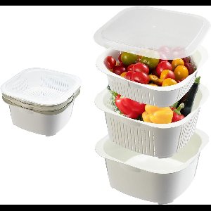 - Wasmand 3-Laags Kunststof Keukenvergiet met Deksel - 3-in-1 Multifunctionele Zeef voor Voedsel Fruit Reiniging Opslag - Magnetron- en Vaatwasserbestendig - Wit