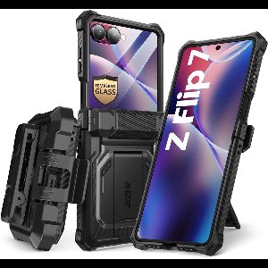 Armorbox Case geschikt voor Galaxy Z Flip 7 hoesje met screen protector - Tempered Glass Screen Protector - Kickstand - Zwart