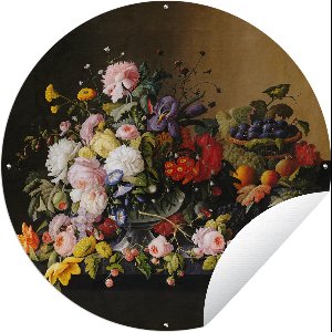 Tuincirkel Stilleven met bloemen en fruit - Kunstwerk - Oude meesters - 60x60 cm - Ronde Tuinposter - Buiten