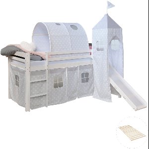 Homestyle4u Hoogslaper - 90x200 cm - met lattenbodem - toren - tunnel - glijbaan - met gordijn met sterrenmotief - wit