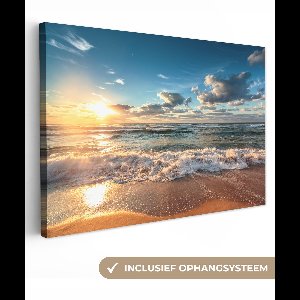 Canvas schilderij zonsondergang 90x60 - Kamer decoratie strand en zee - Schilderijen woonkamer natuur - Canvasdoek - Wanddecoratie slaapkamer - Muurdecoratie keuken - Wanddoek interieur binnen - Woondecoratie huis - Woonaccessoires