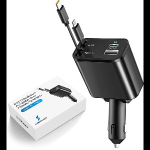 Dynabright Autolader - Auto Snellader - USB-C & Lightning – 4 Poorten – Uitrekbare Kabel – Geschikt voor 12V/24V – Sigaretten Aansteker Adapter - Veilig & Supersnel Opladen